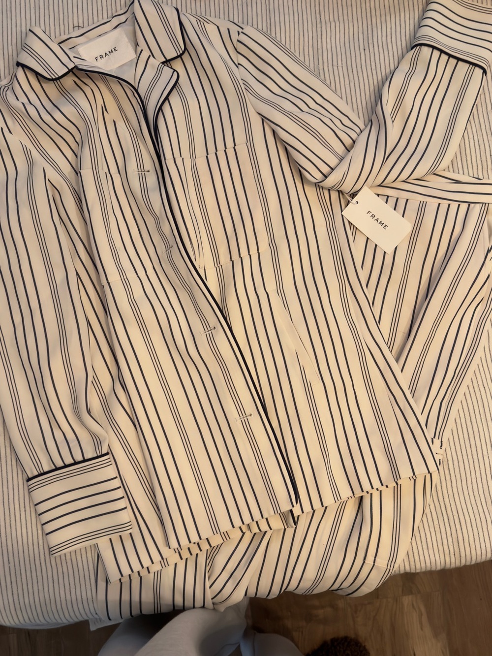 FRAME Cream and navy Striped Button-Up Pantsuit